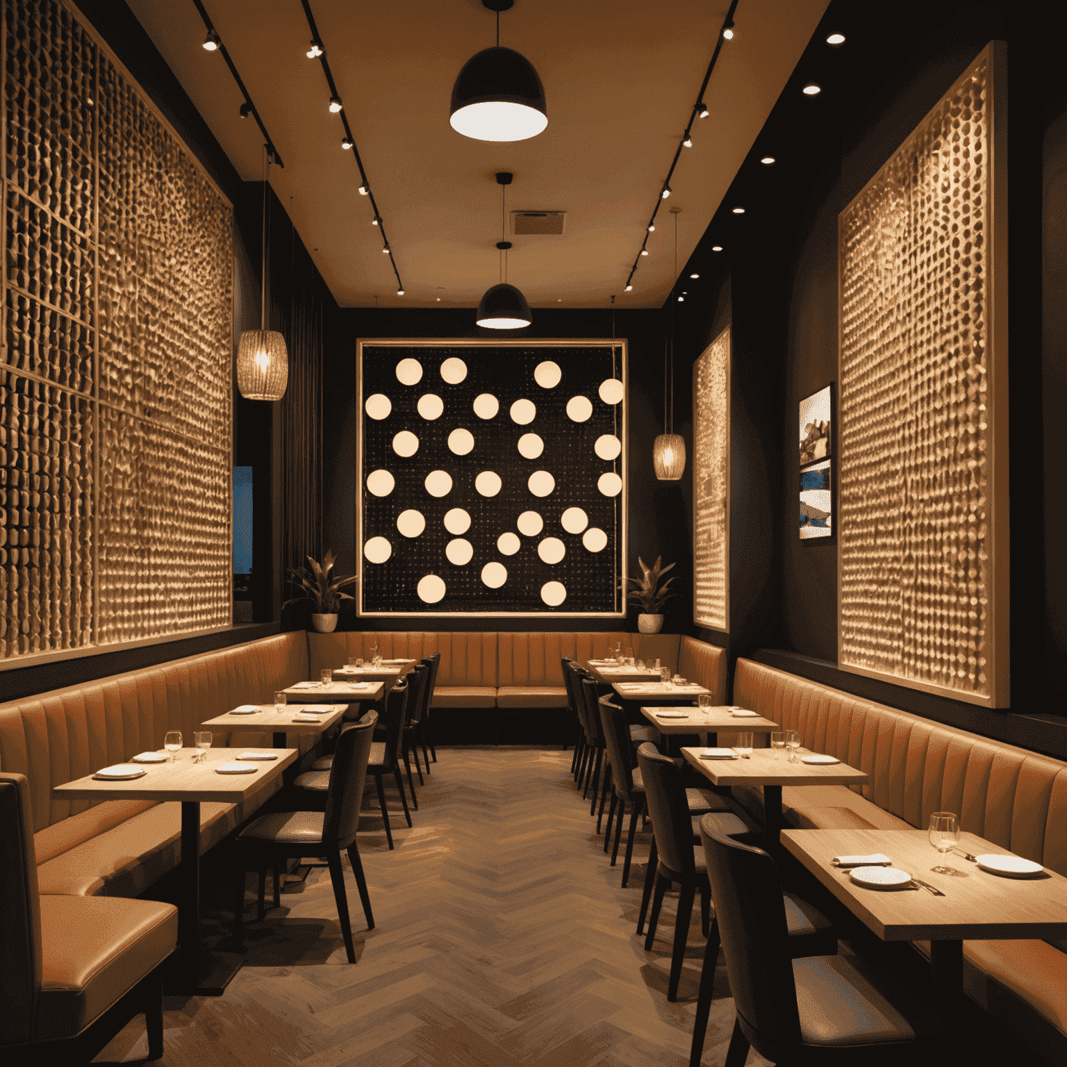 A stylish interior of Plinko Delicacy restaurant, featuring modern decor with Plinko-inspired art installations, warm lighting, and comfortable seating arrangements.