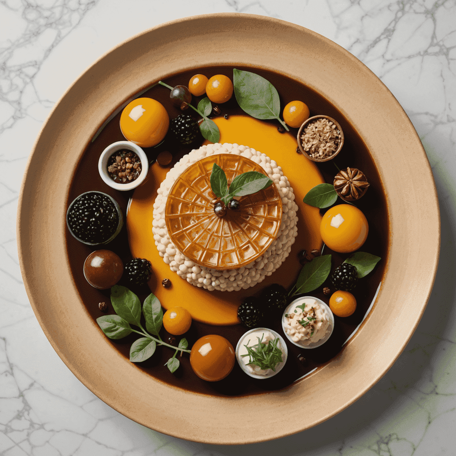 A beautifully plated signature dish from Plinko Delicacy, featuring locally sourced Canadian ingredients arranged with artistic flair. The dish showcases a harmonious blend of colors and textures, epitomizing the restaurant's commitment to culinary excellence and innovation.