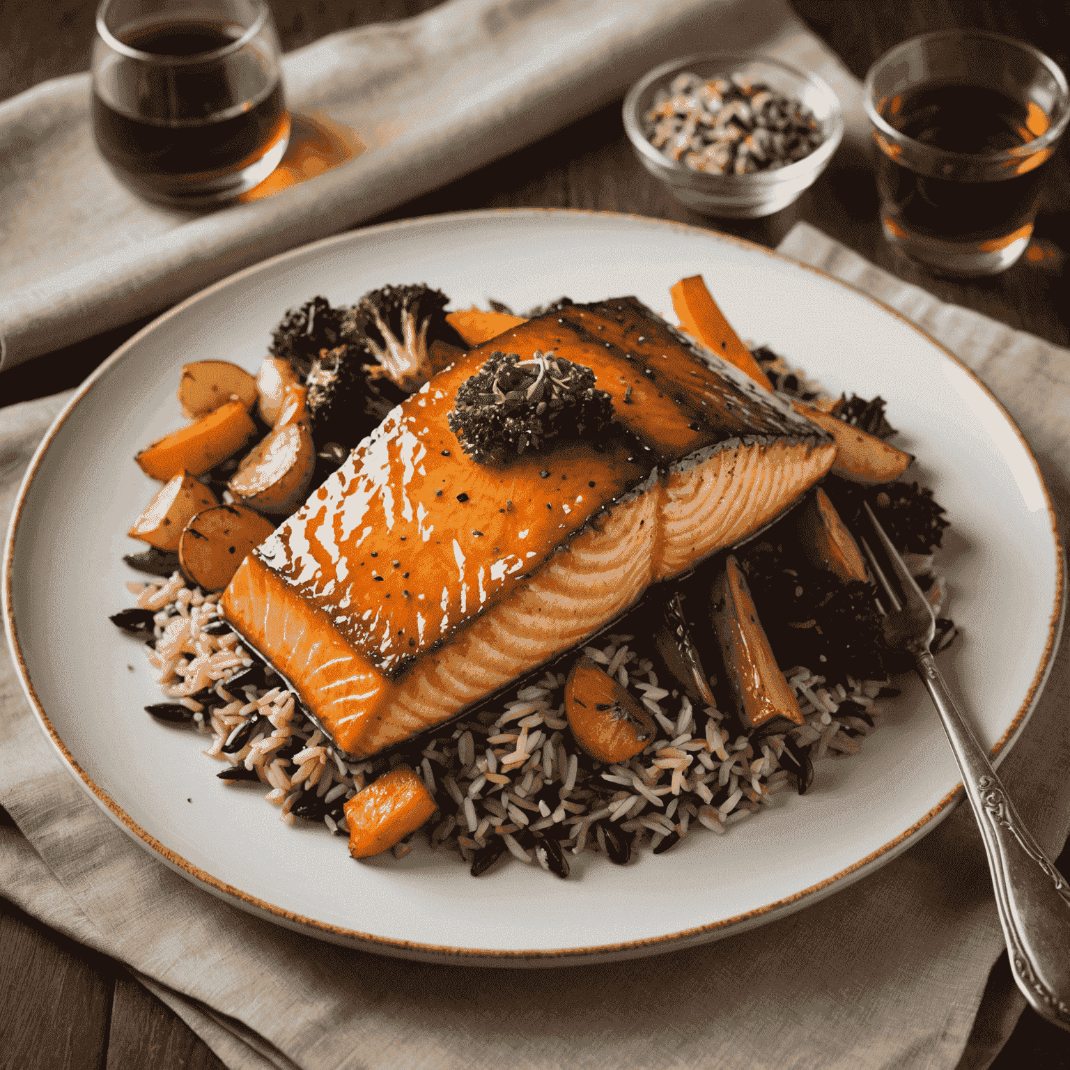 A beautifully plated dish of Maple Glazed Salmon, featuring a perfectly cooked fillet with a glistening maple glaze, served on a bed of wild rice and surrounded by roasted seasonal vegetables