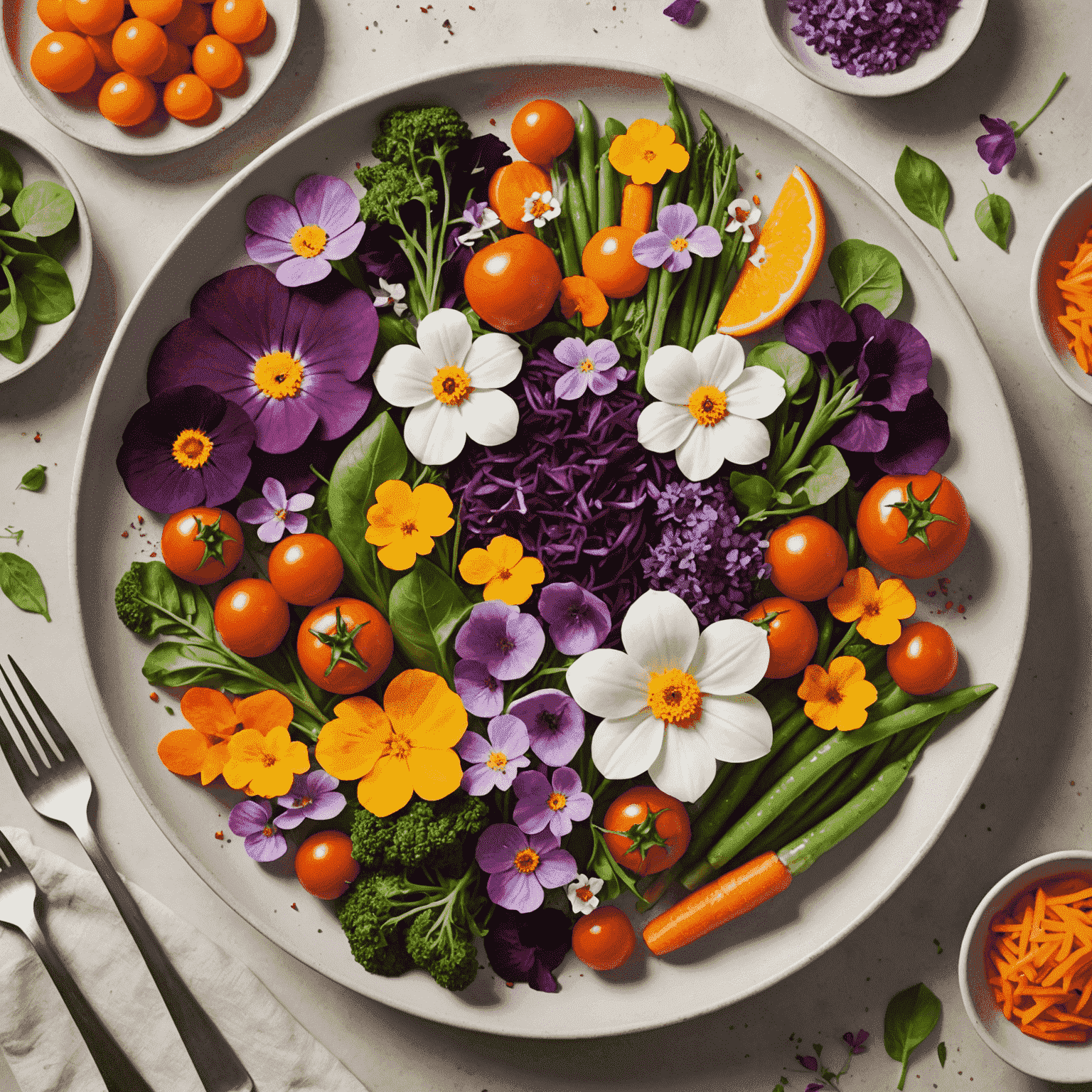 A beautifully plated seasonal dish featuring colorful vegetables and a perfectly cooked protein, garnished with edible flowers