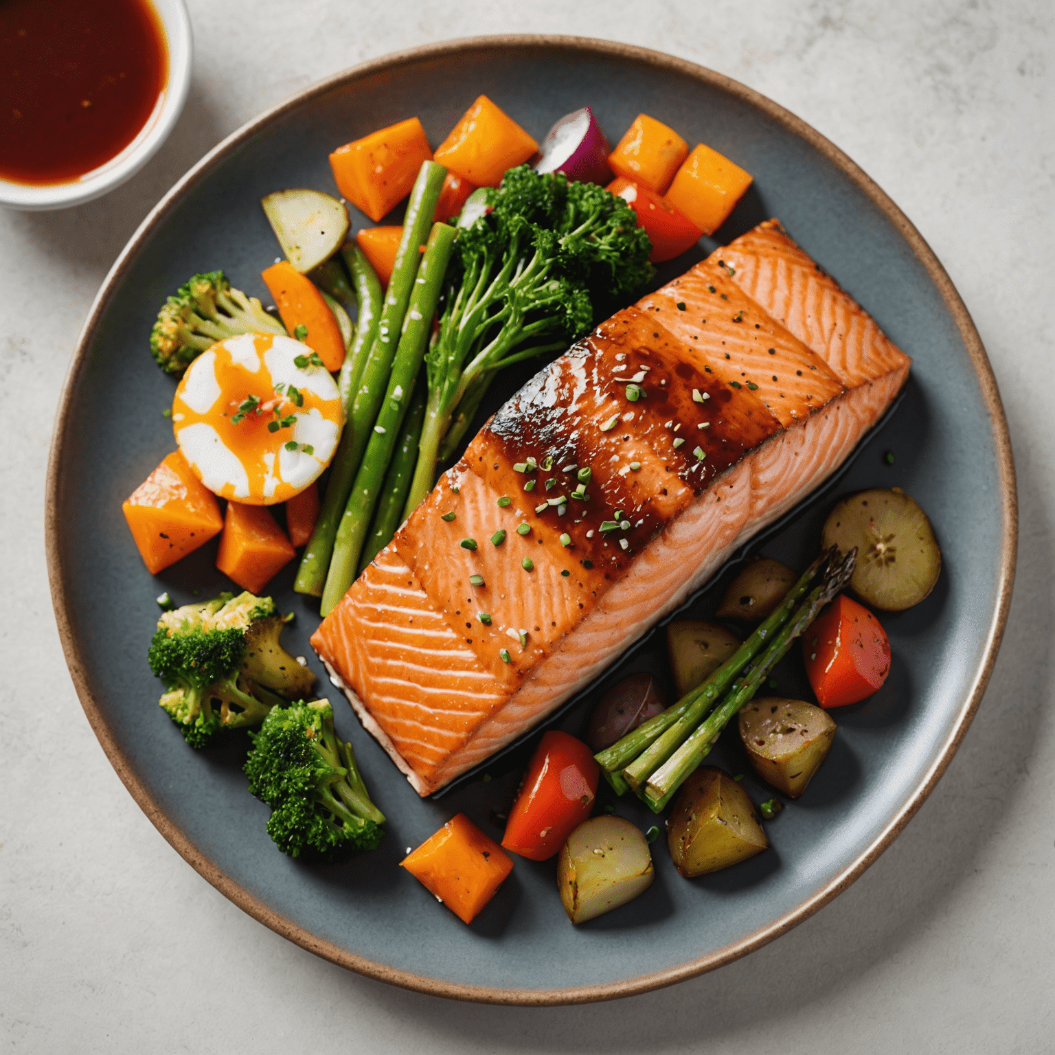 A beautifully plated dish showcasing a fusion of Canadian and international cuisines. The plate features a maple-glazed salmon fillet alongside a colorful array of local vegetables and an exotic sauce, symbolizing the blend of local and global flavors.