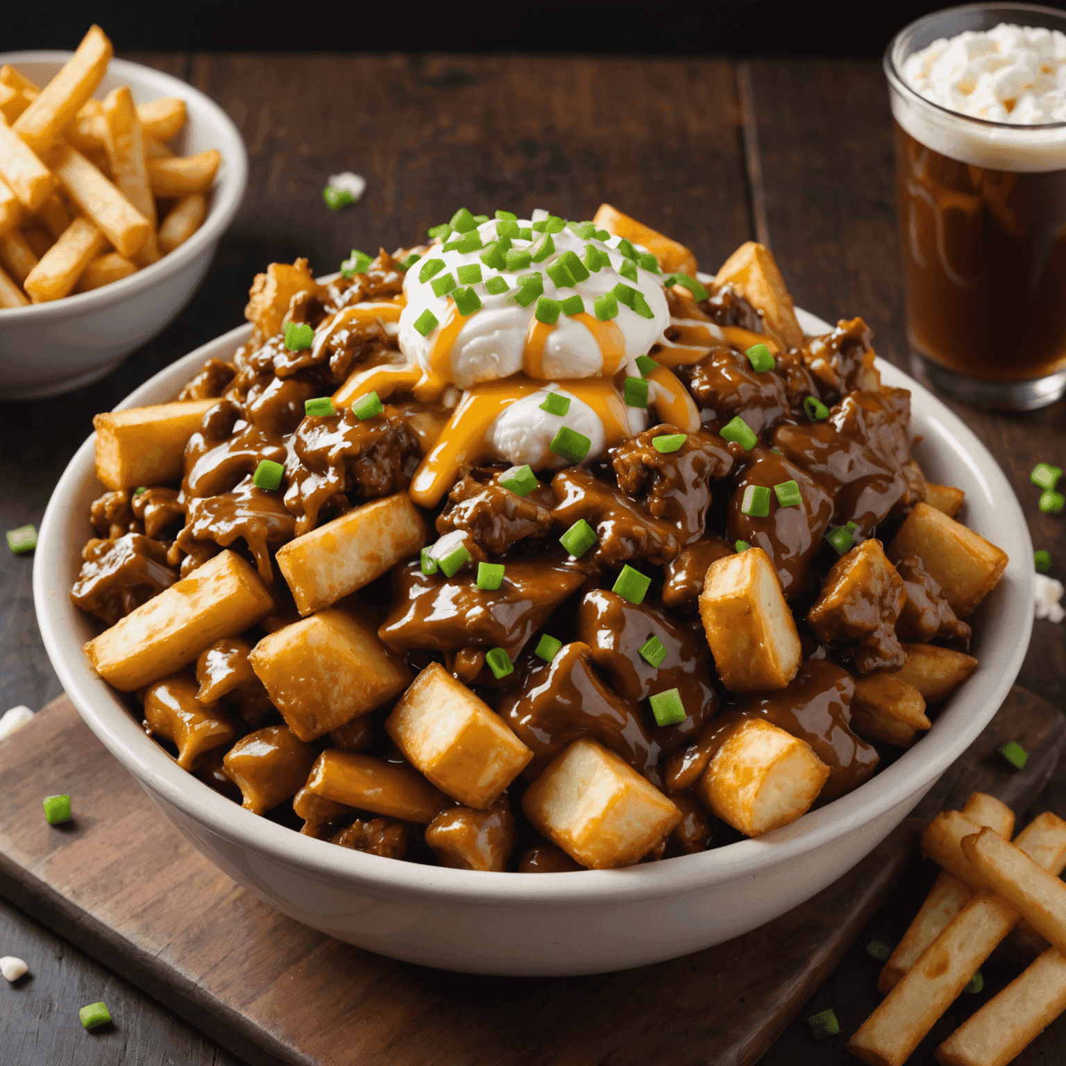 A steaming bowl of Poutine Deluxe, showcasing crispy golden fries smothered in rich gravy and melted cheese curds, topped with tender pulled pork and green onions