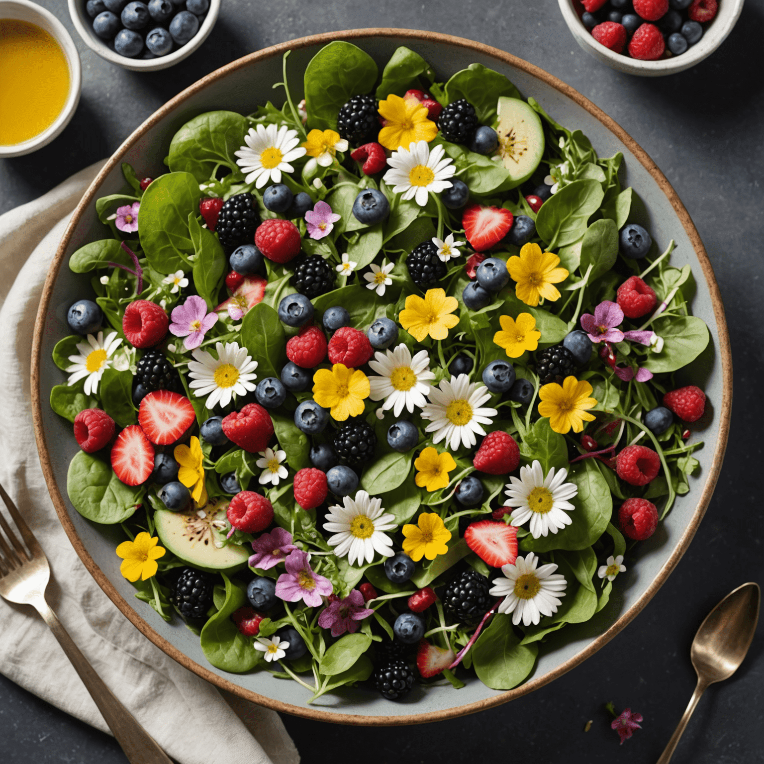 A colorful summer salad with mixed greens, berries, edible flowers, and a light vinaigrette