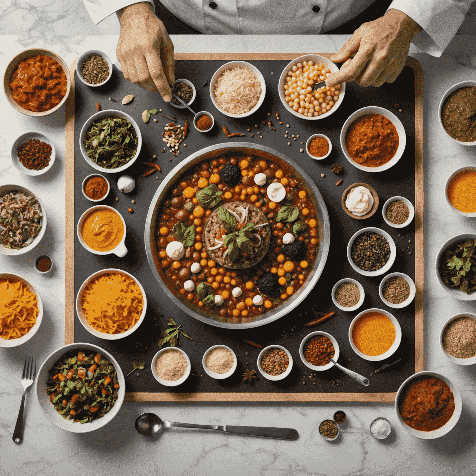 A chef in the Plinko Delicacy kitchen carefully preparing a fusion dish. The image shows various local Canadian ingredients spread out on a preparation table, alongside tools and spices from different parts of the world, illustrating the fusion concept.