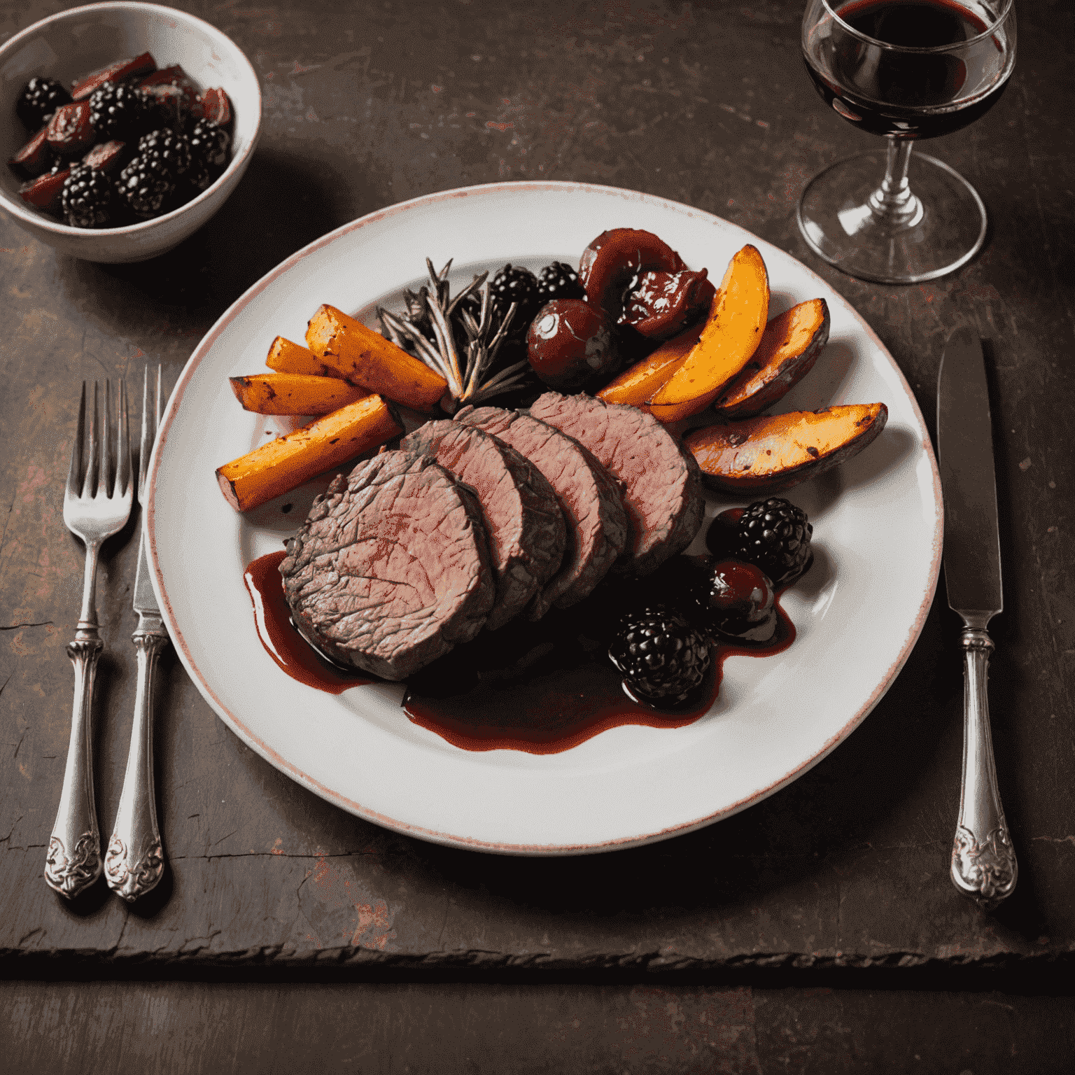 An elegant plate featuring a perfectly cooked Bison Tenderloin, sliced to show its juicy interior, accompanied by a colorful array of roasted root vegetables and a dollop of wild berry compote