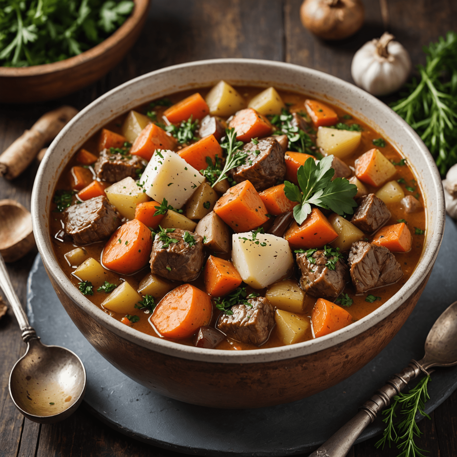 A steaming bowl of hearty winter stew with root vegetables and tender meat, garnished with fresh herbs