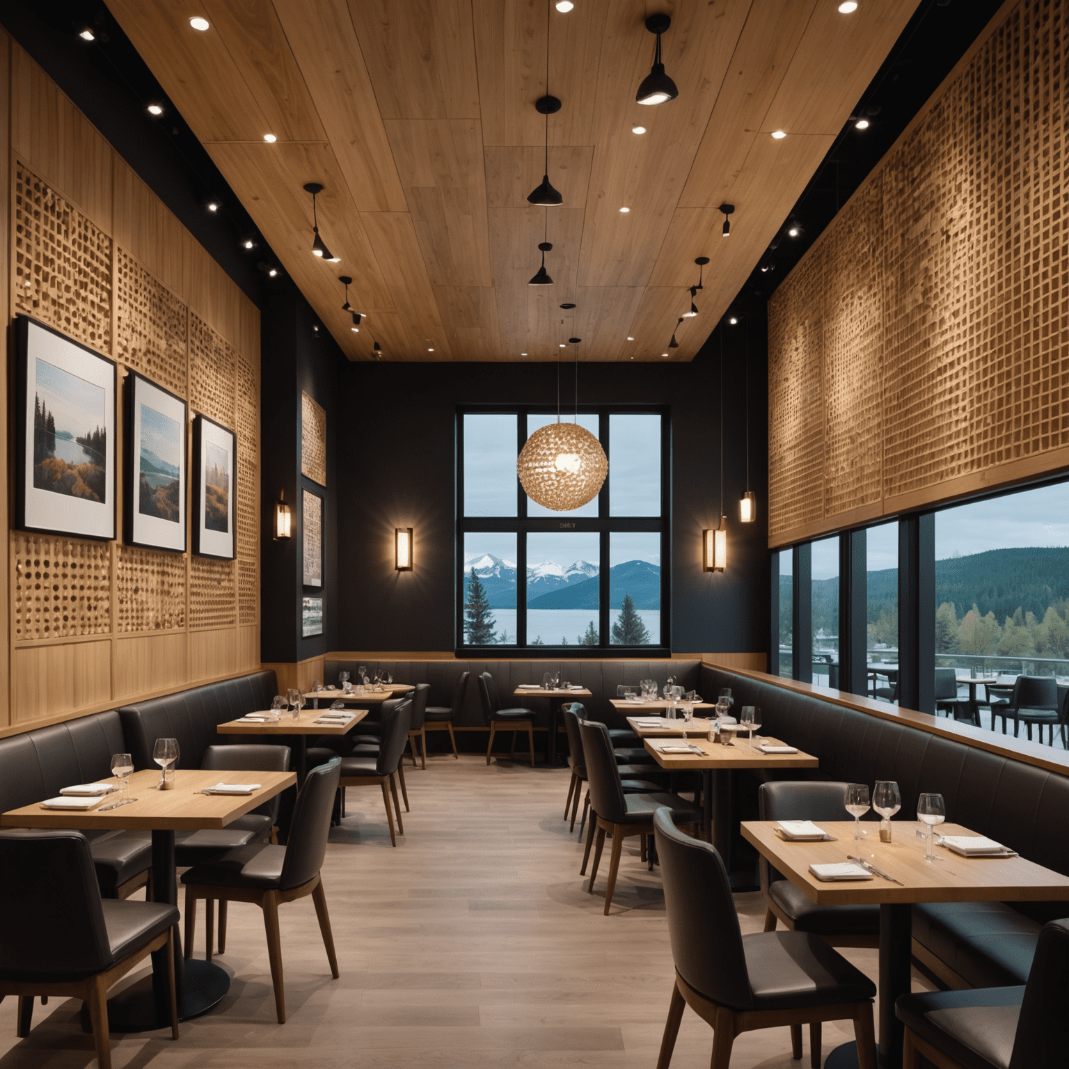 The interior of Plinko Delicacy restaurant, showcasing a modern Canadian design with subtle international influences. The space features natural wood elements, contemporary artwork depicting Canadian landscapes, and elegant table settings that hint at the fusion dining experience.