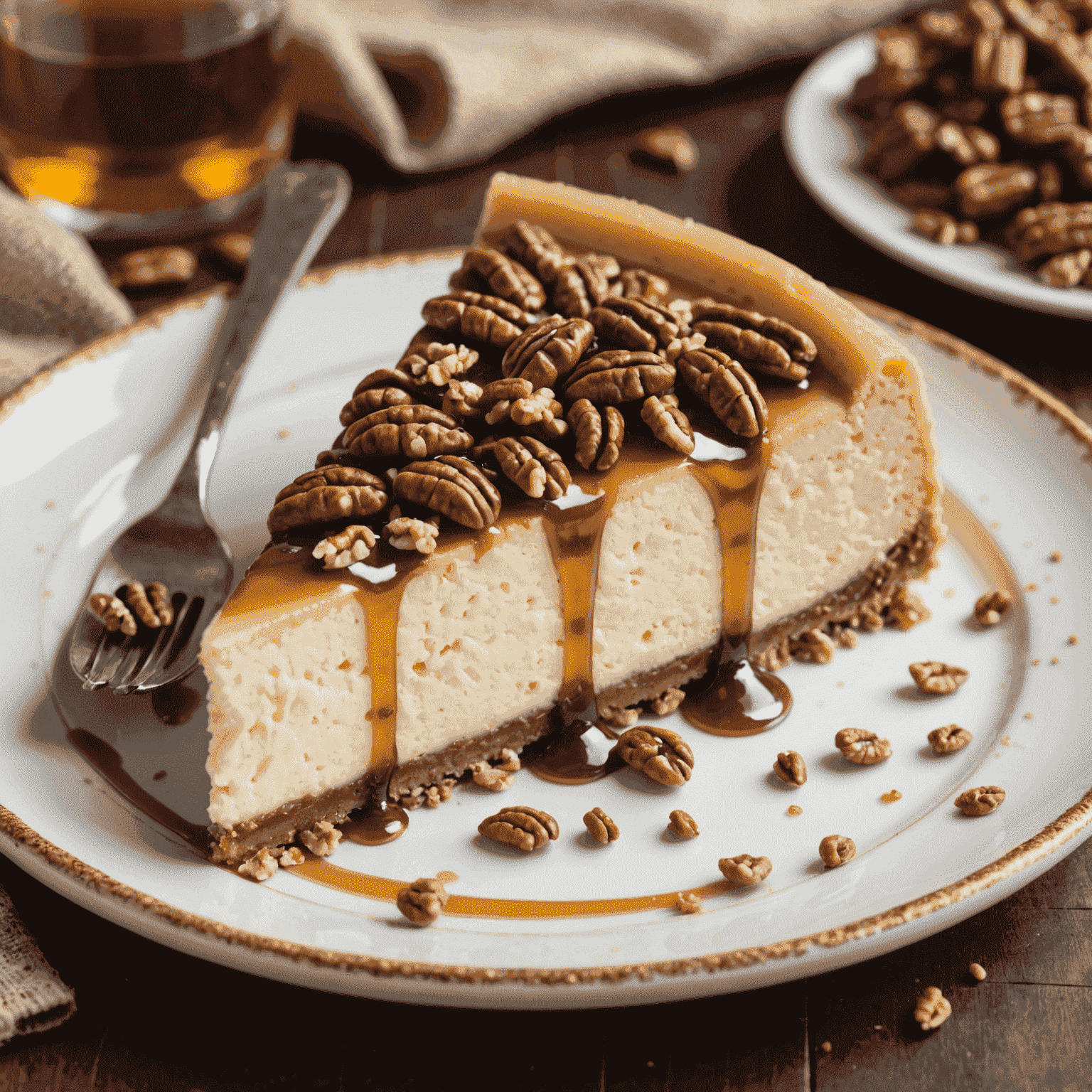 A slice of decadent Maple Pecan Cheesecake on a decorative plate, garnished with a sprinkle of crushed pecans and a drizzle of maple syrup